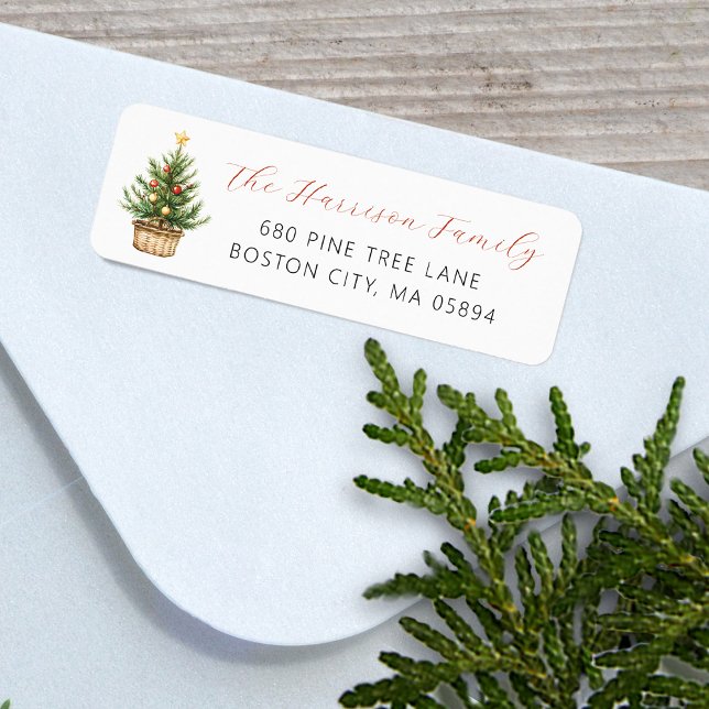 Rustik julgran i korg adress returadress etikett (Rustic Christmas Tree In Basket Address Label)