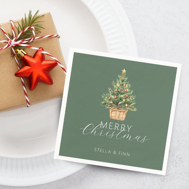 Rustik julgran i korg Dusty Green Pappersservett (Rustic Christmas Tree In Basket Dusty Green Napkins)