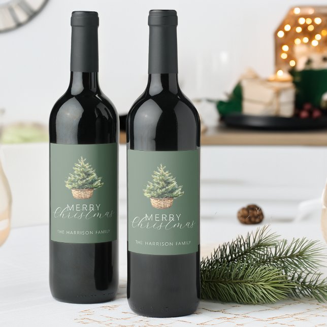 Rustik julgran i korg Dusty Green Vinflaska Etikett (Rustic Christmas Tree In Basket Dusty Green Wine Label)
