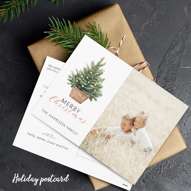 Rustik julgran i korg Foto Helg Vykort (Rustic Christmas Tree In Basket Flat Holiday Card)