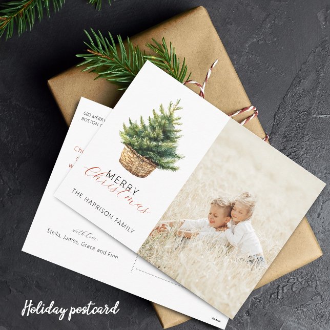 Rustik julgran i korg Foto Helg Vykort (Rustic Christmas Tree In Basket Flat Holiday Card)
