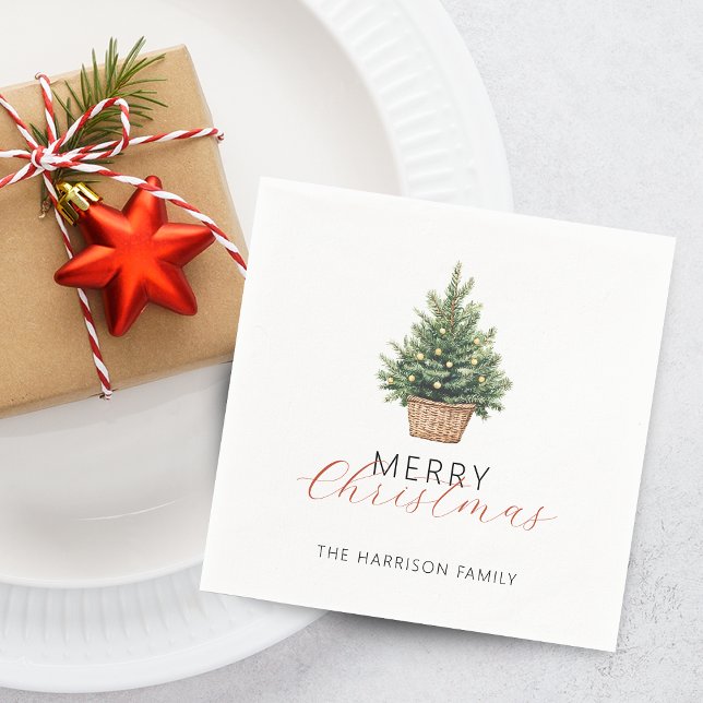 Rustik julgran i korg pappersservett (Rustic Christmas Tree In Basket Dusty Green Napkins)