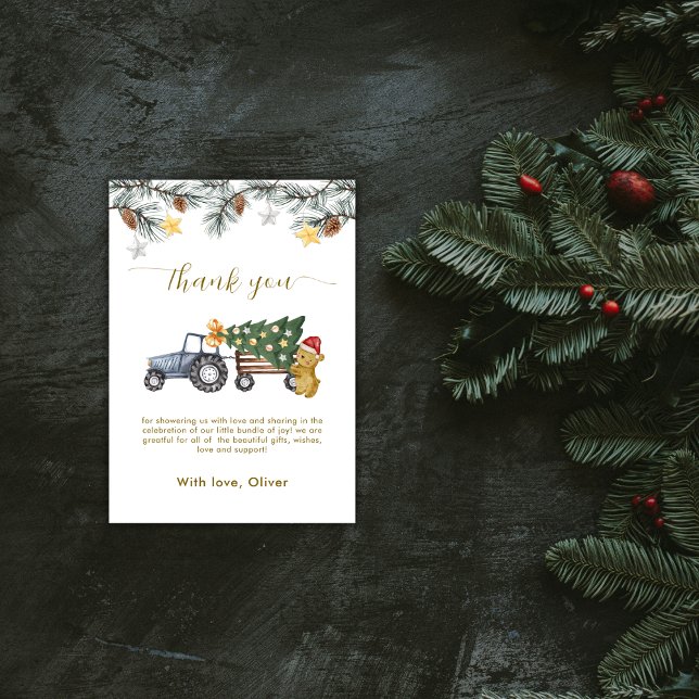 Rustik julgran traktorbjörn baby shower  tack kort (Rustic Winter X'mas Tree Tractor Bear Baby Shower Thank You Card)