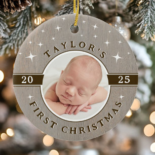 Rustik julgransprydnad för baby:s första jul med f keramik