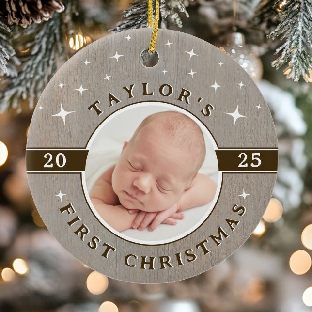 Rustik julgransprydnad för baby:s första jul med f keramik (Rustic Baby's First Christmas Photo Ornament)