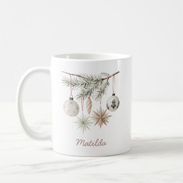 Rustik julgrön pärla julgran vit kaffemugg (Vänster)