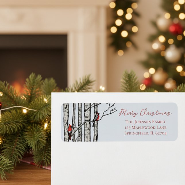 Rustik Julhälsning Röd Kardinal Returadress Etikett (Modern Holiday Festive Christmas Return Address Labels. Red Cardinal Birch Seasonal Mailing Stickers)