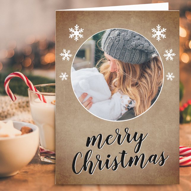 Rustik julkort med familjefoto och snöflinga God J Helgkort (Skapare uppladdad)