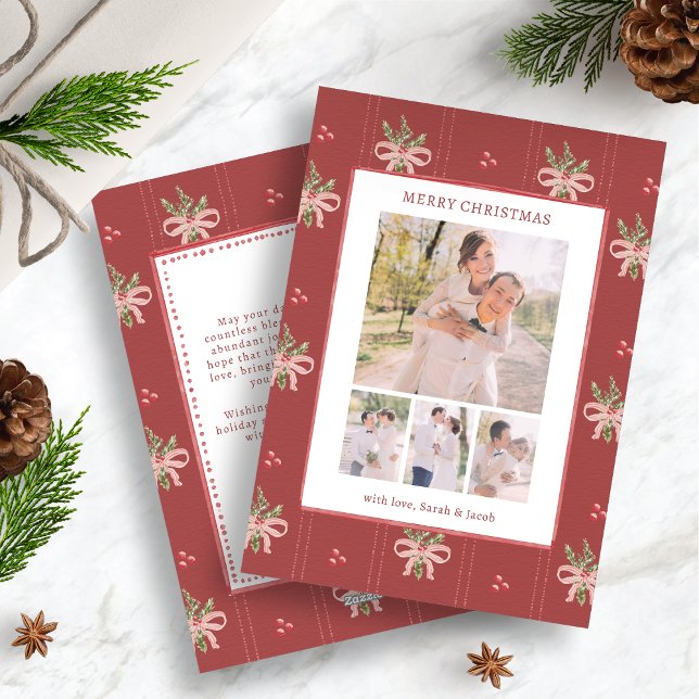 Rustik julkort med röda botaniska motiv (Rustic Red Bows Botanical Christmas Photo Card | Vintage Holiday Greenery by Painted Paperie)
