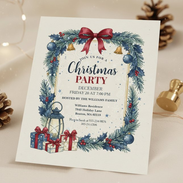 Rustik Julkrans Julfest Inbjudan Blå (Christmas Party Invitation)