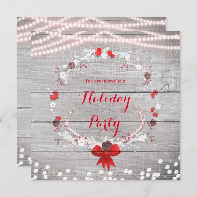 Rustik julkrans med horn i vit trä inbjudningar (Fram/baksida)