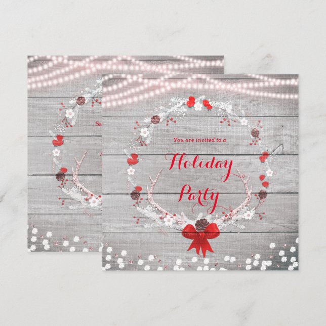 Rustik julkrans med horn i vitt trä inbjudningar (Fram/baksida)