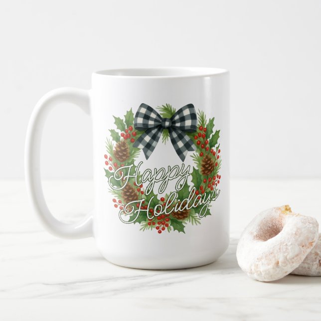 Rustik julkrans med svart-vitrutig band kaffemugg (Med munk)