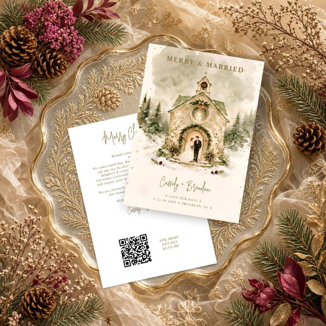 Rustik julkyrka för bröllopsparet TLW26 Spara Datumet (Winter Christmas Church Couple Wedding Save the Date with Festive Pine Garlands.)