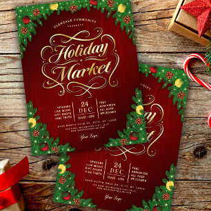 Rustik julmarknad med röda och gyllene tema reklamblad