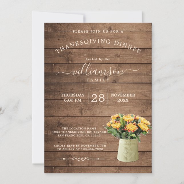 Rustik julmiddag i trä Thanksgiving höstflora Inbjudningar (Framsida)