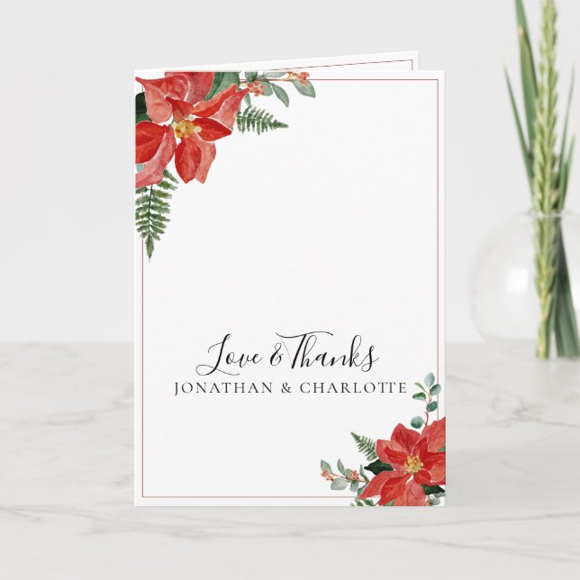 Rustik julpoinsettia röd julbröllop tack kort (Framsida)