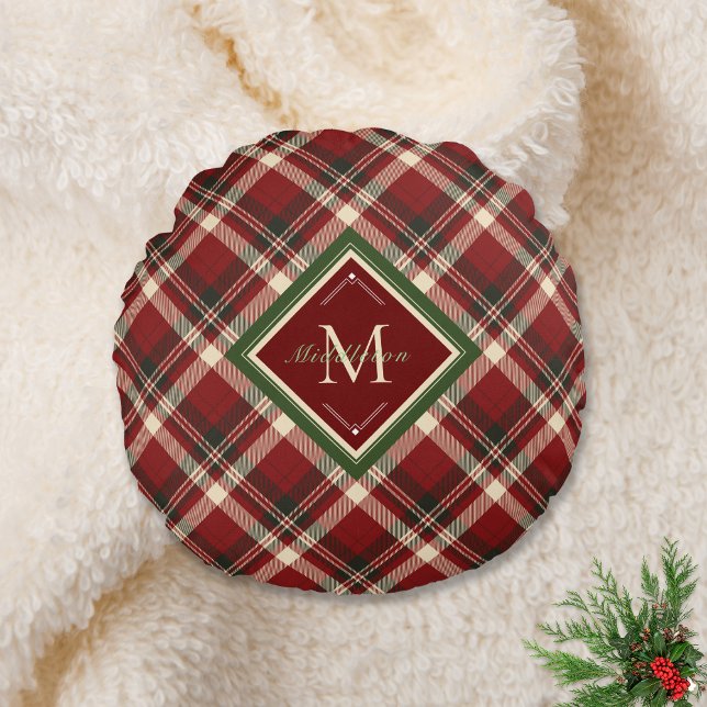 Rustik Julpset Red Monogram Namn Helgdag Rund Kudde (Skapare uppladdad)