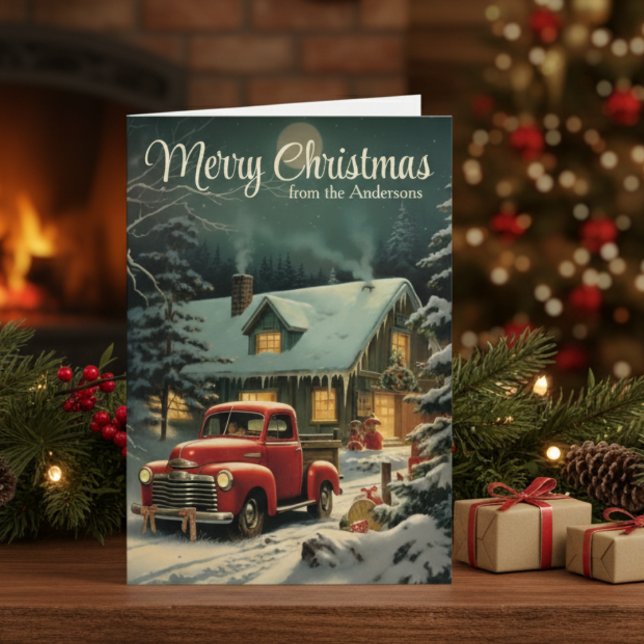 Rustik julröda lastbil och hem anpassad helgkort (Rustic Christmas Red Truck And Home Custom Holiday Card)