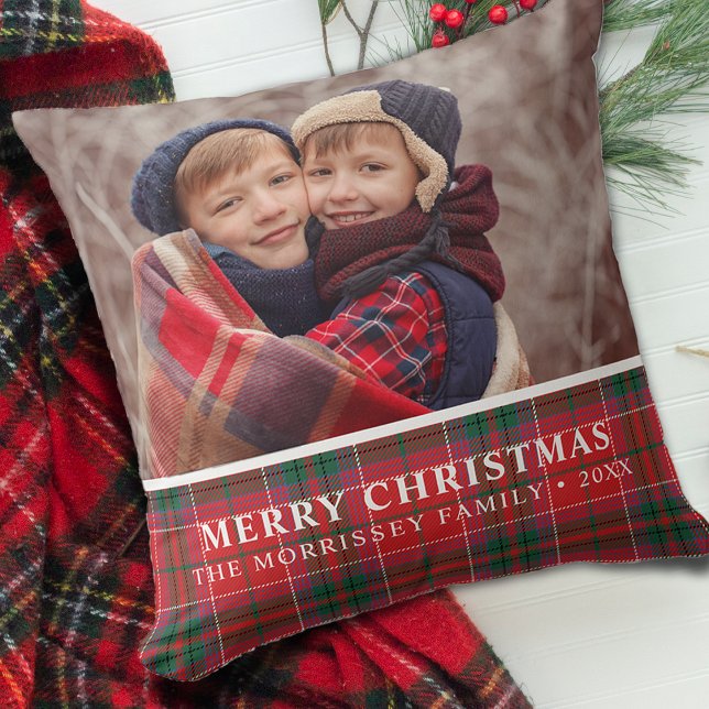 Rustik julrutig rödgrön foto kudde (Rustic Christmas Plaid Red Green Photo Throw Pillow)