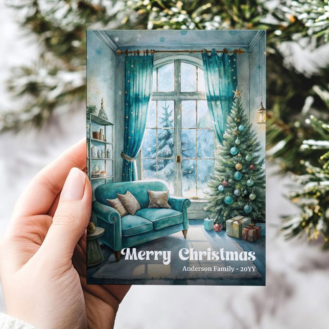 Rustik julscen kort festlig röd grön ton (Rustic Christmas scene card festive red green tones

)