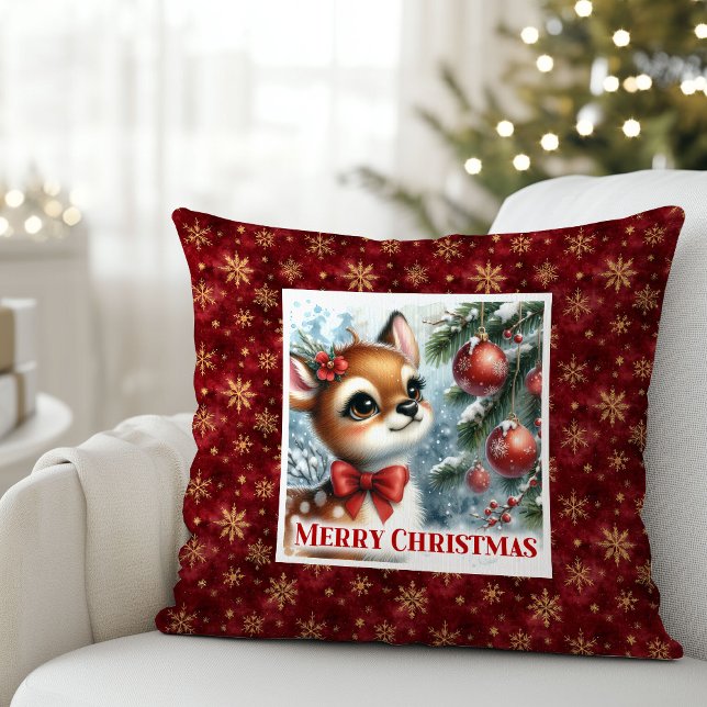 Rustik julscen med barnfawn för barnkammardekor Xm Kudde (Rustic Baby Fawn Winter Scene Kids Room Decor Christmas Pillow

)