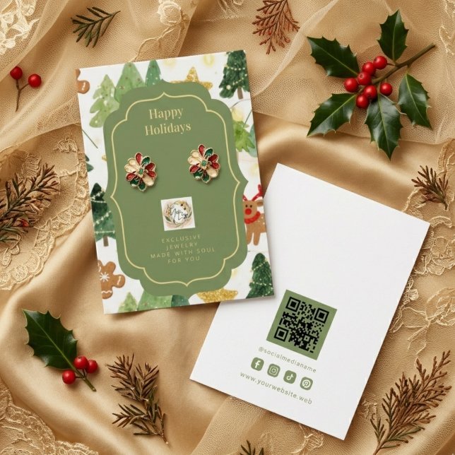 Rustik Julskogs Smyckesdisplay TMF26 Visitkort (Rustic Christmas Forest and Gingerbread in Watercolor Effect Jewelry Display Card with Business Logo)