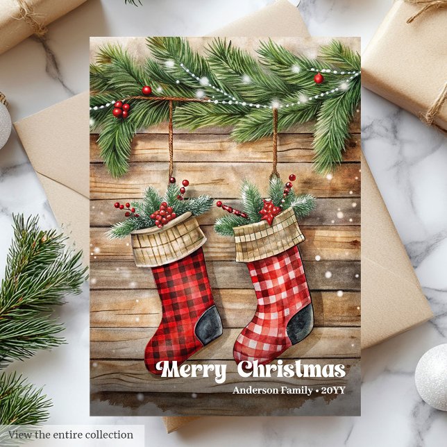 Rustik julstrumpa traditionell tallkrans julkort (Rustic Christmas stocking traditional pine wreath Holiday Card )