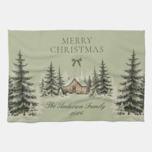 Rustik julstuga Familj God Jul Olivgrön Kökshandduk