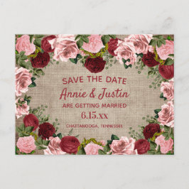 Rustik Jute Burgunder Rosa Blommig Spara Datum Vykort