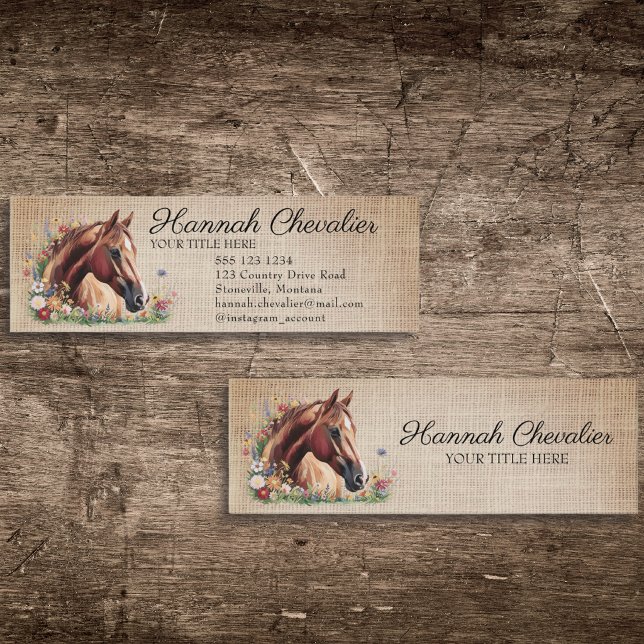 rustik jute, häst med vild blomster equestrian mini visitkort (Skapare uppladdad)