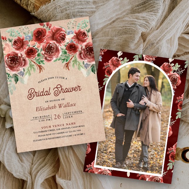 Rustik Jute Marsala Blommig Foto Bröllopsdusch Inbjudningar (Skapare uppladdad)