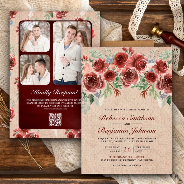 Rustik Jute Marsala Blommig Foto QR-kod Bröllop Inbjudningar (Skapare uppladdad)