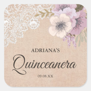 Rustik Jute Spets Rosa Blommig Quinceanera-dekal Fyrkantigt Klistermärke