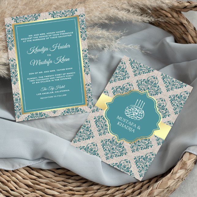 Rustik Jute Teal Damask Muslimsk Bröllop Inbjudningar (Skapare uppladdad)