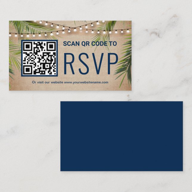 Rustik Jute Tropisk Palm QR-kod RSVP Bröllop Tilläggskort (Fram/baksida)