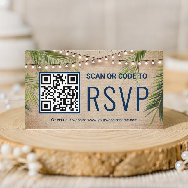 Rustik Jute Tropisk Palm QR-kod RSVP Bröllop Tilläggskort (Skapare uppladdad)