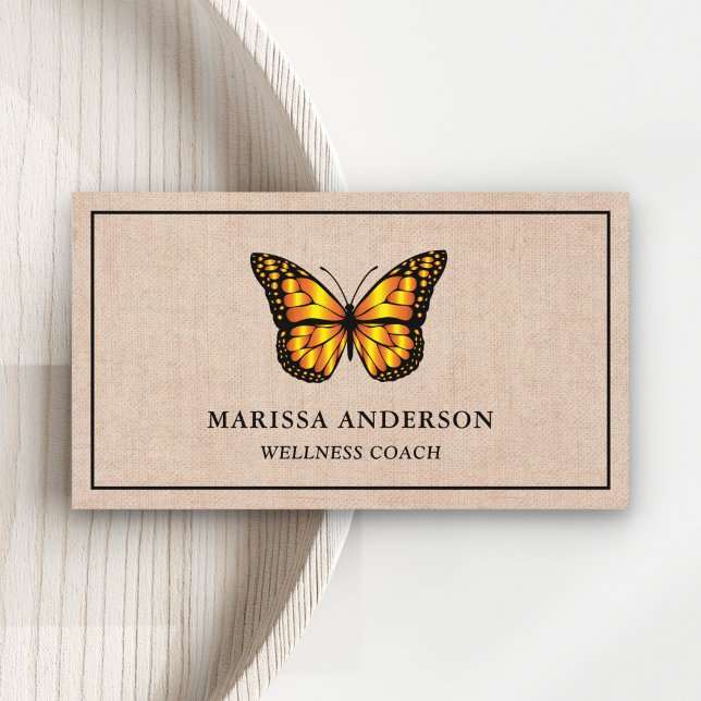 Rustik Jutesäck Elegant Orange Monarkfjäril Visitkort (Skapare uppladdad)