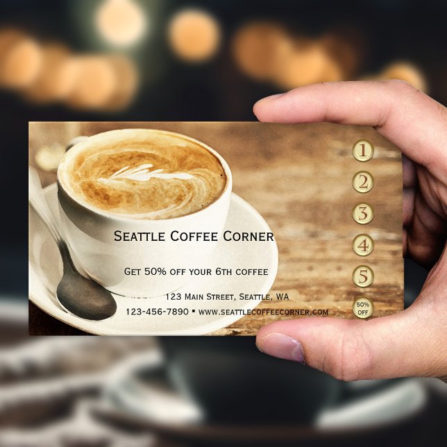 Rustik kaffetroghet stansarkort lojalitetskort (Loyalty business card with gold and rose gold stylized punch numbers and rustic watercolor coffee)