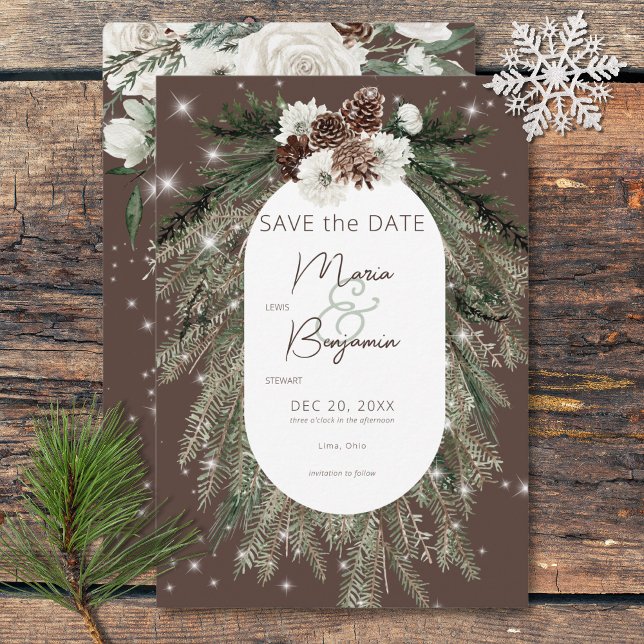 Rustik Kakaos Gräs Winter Gnistra Bröllop Spara Datumet (Rustic Cocoa Pine Winter Sparkle Wedding Save The Date)