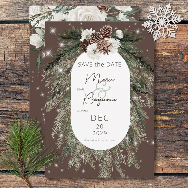 Rustik Kakaos Gräs Winter Gnistra Bröllop Spara Datumet (Rustic Cocoa Pine Winter Sparkle Wedding Save The Date)