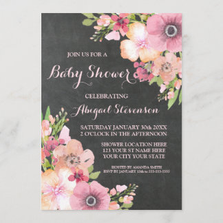 Rustik kalkboard Watercolor Flowers Baby Shower Inbjudningar