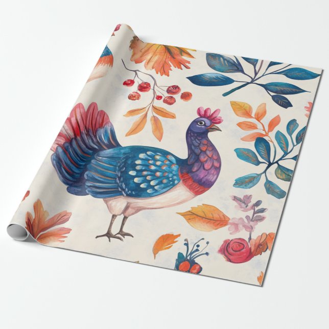 Rustik Kalkon Folk Art Höst Mönster Presentpapper (Utrullad)