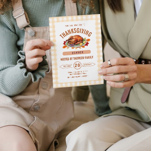 Rustik kalkon Thanksgiving-middag Gingham Höst  Inbjudningar (Pumpkin Rustic Thanksgiving Dinner Fall Watercolor Invitation)