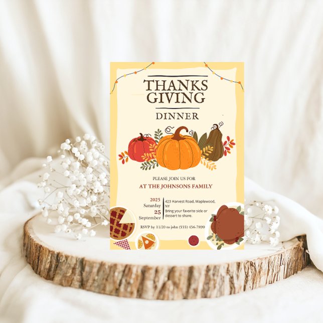 Rustik kalkonpumpa Thanksgiving-middag Höst  Inbjudningar (Rustic Turkey Pumpkin Thanksgiving Dinner Fall Invitation whimsical leaves fall autumn dinner party )