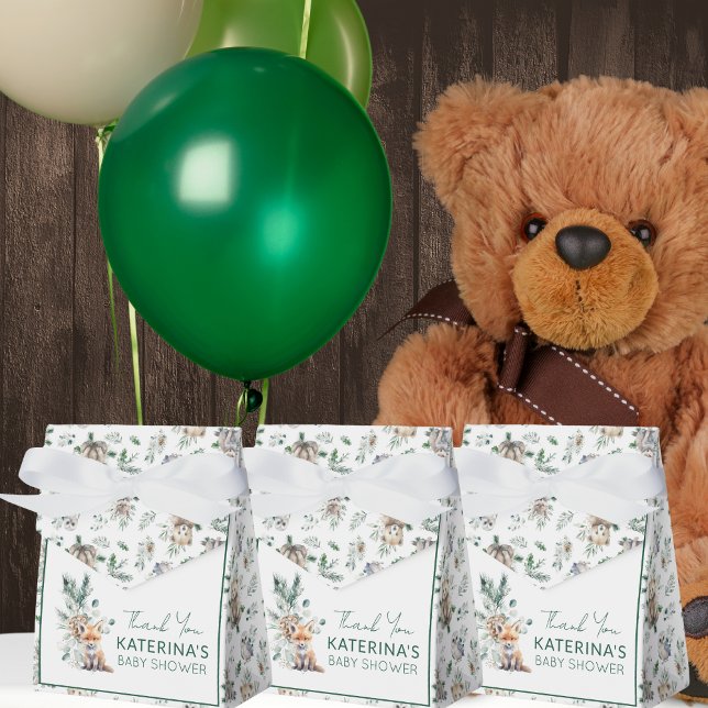 Rustik kalkskog, babyskor, Tack Presentaskar (These cute baby shower favor boxes are perfect for a rustic woodland animal theme.)