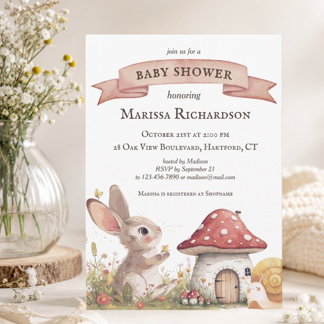 Rustik kanin bebisfest inbjudan (custom cute vintage rustic bunny rabbit baby shower invitation, elegant woodland and forest theme)