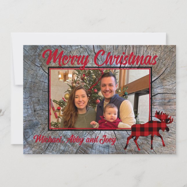 Rustik klassisk älg röd rutig fotomall julkort (Framsida)
