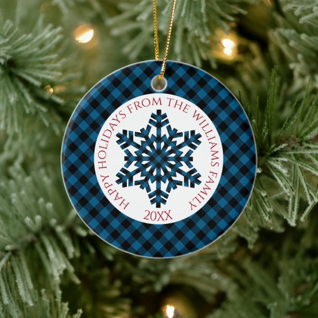 Rustik Klassisk Blå Svart Rutmönster Snöflingor Julgransprydnad Keramik (Träd)