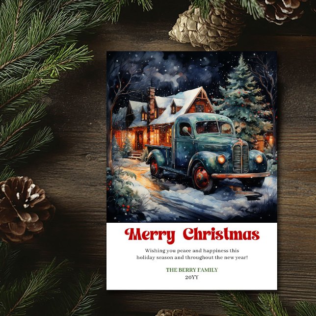 Rustik klassisk julscen högeroad lastbil julkort (Rustic classic Christmas scene holiday red truck)